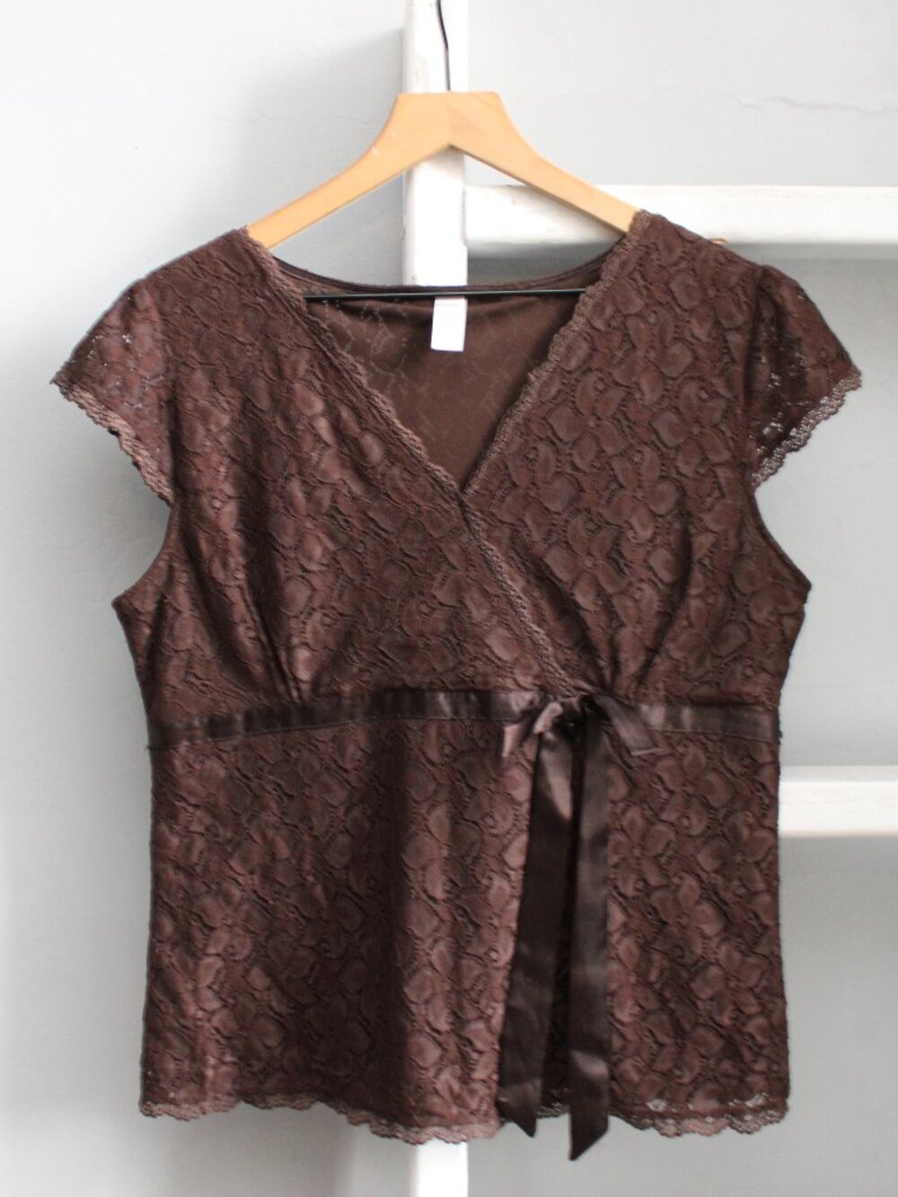 Vintage Y2K Merona Brown Lace Cap Sleeve Mesh Top Ribbon Accent Lace Size XL